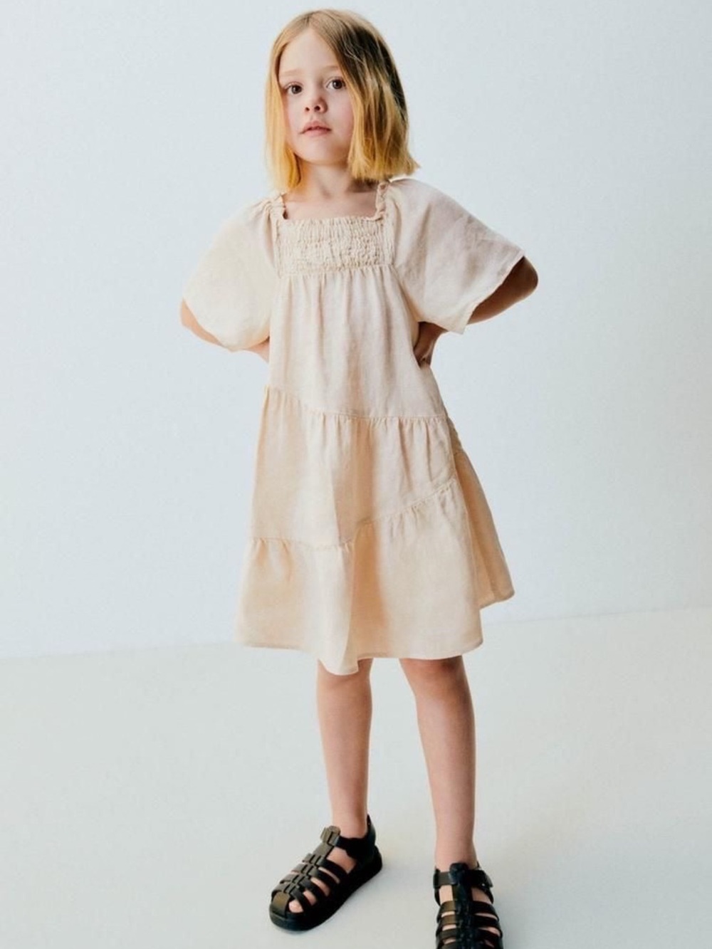 ZARA Linen Dress with Elastic Trim
